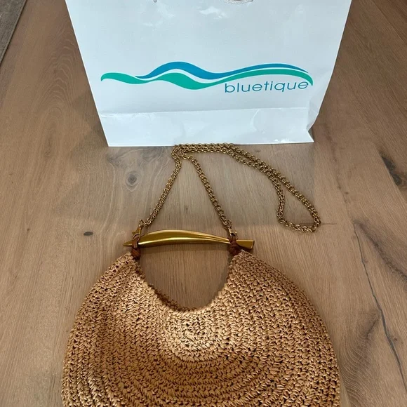 Elegant Tan Woven Bag with Gold Handle - Picture 3 of 8